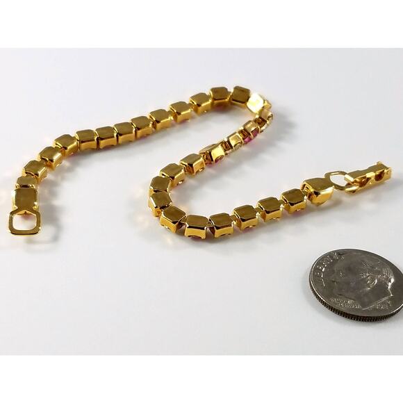 Vintage Trifari Pink Clear Rhinestone Tennis Bracelet,  Gold Plated, 1980s - Picture 8 of 10